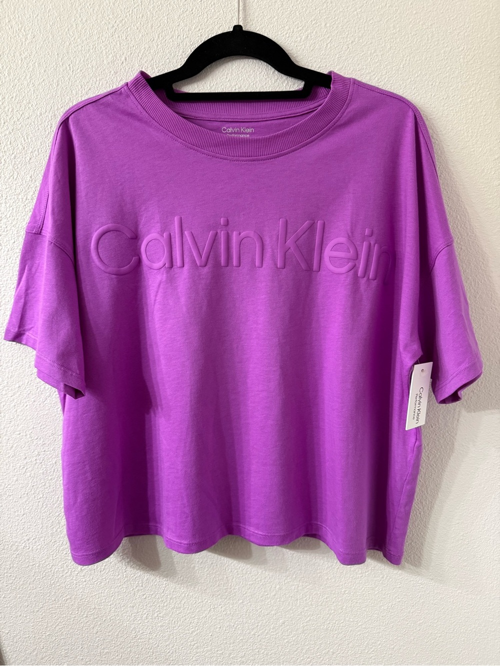 Calvin Klein 100% Cotton Performance Crop Tee – Puff Logo Athletic Top (NWT), LG